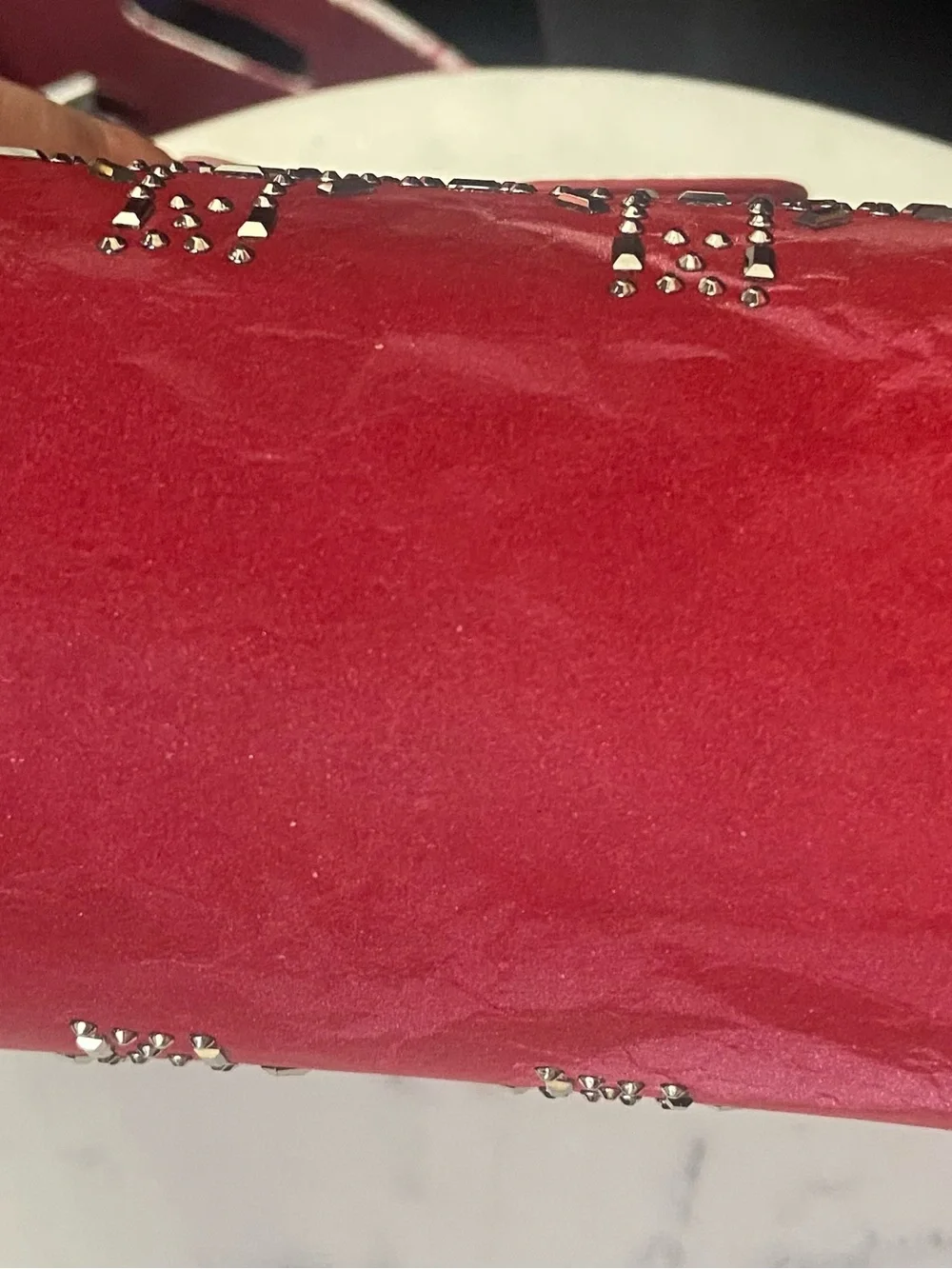 Luxe’ Red Quilted Crossbody with Studded Logo Pattern